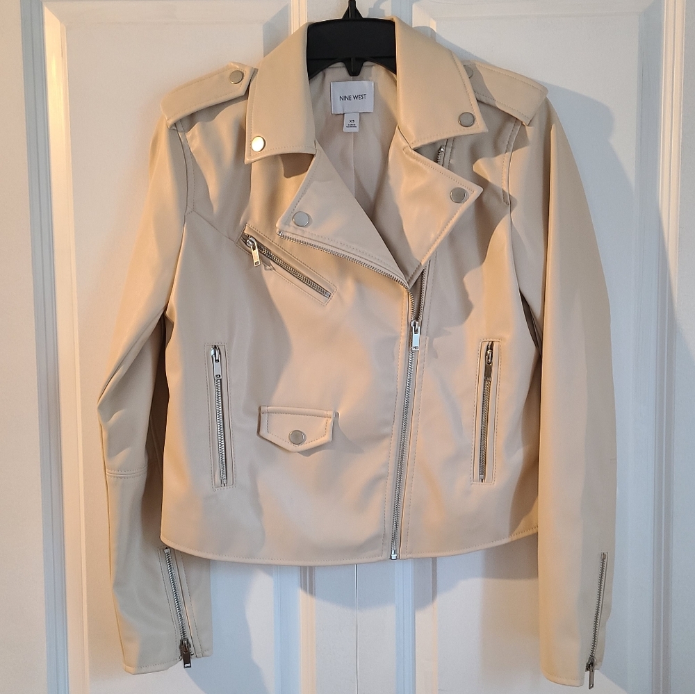 Nine West Faux Leather Moto Biker Jacket Women's Bone Size XS NWT